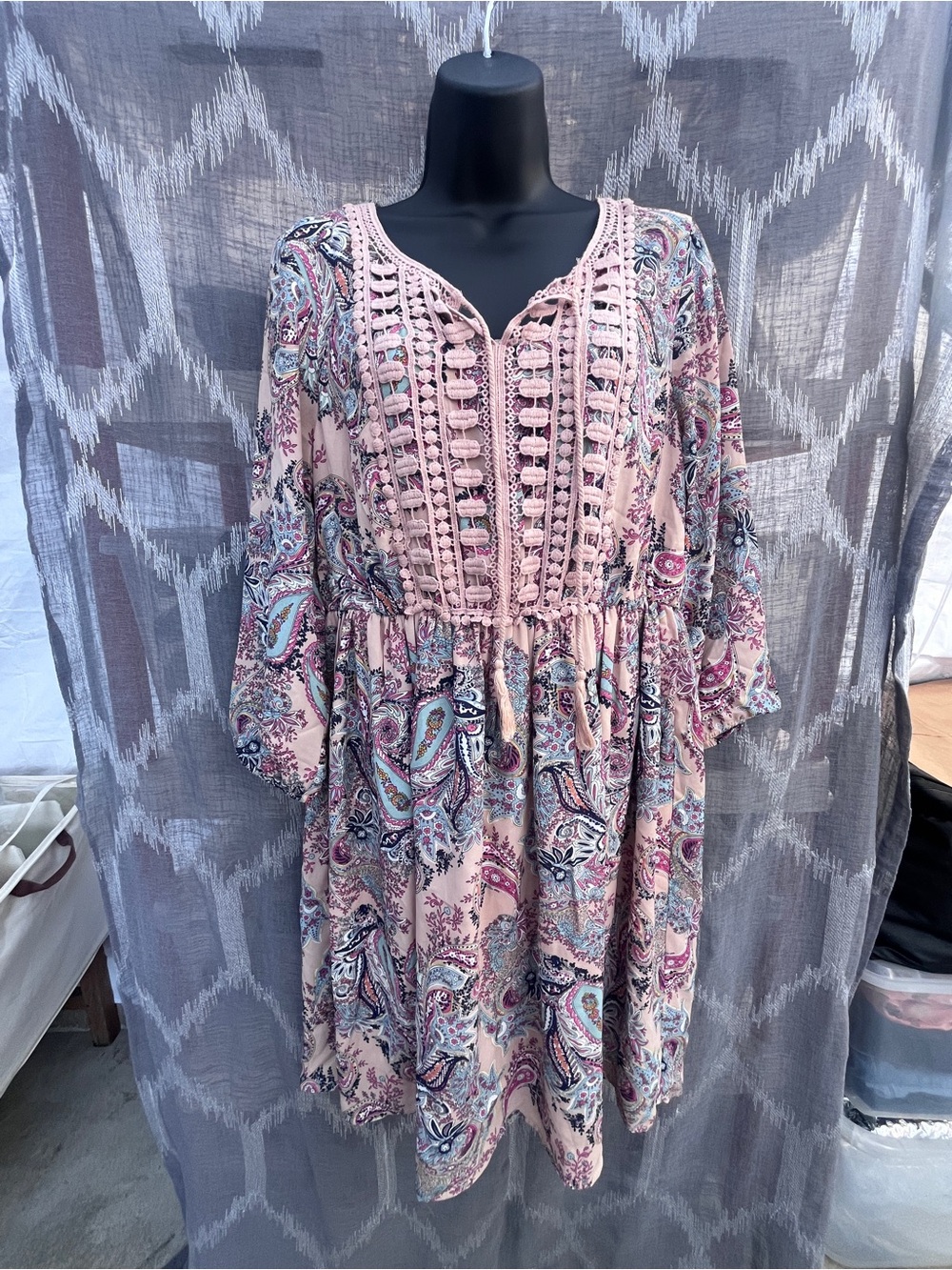 Daniel Rainn Pink Paisley Crochet-Trim Midi Dress